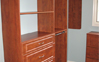 Tower with drawers and shelves combo, double hanging and med long hanging. Warm Cognac color - Raised Panel Finish.