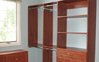 Tower with drawers and shelves combo, double hanging and Deluxe Valet Rod shown. Warm Cognac color - Raised Panel Finish.