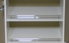 Right Side Reach-in closet with tower of Deluxe shoe shelves, medium long hanging and double hanging. White color.